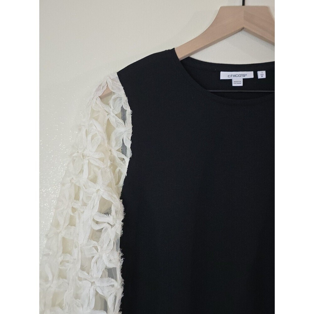 Chico's Mesh Applique Sleeve Blouse Womens Size 1 Medium Black Ivory Elegant Top - Picture 4 of 13
